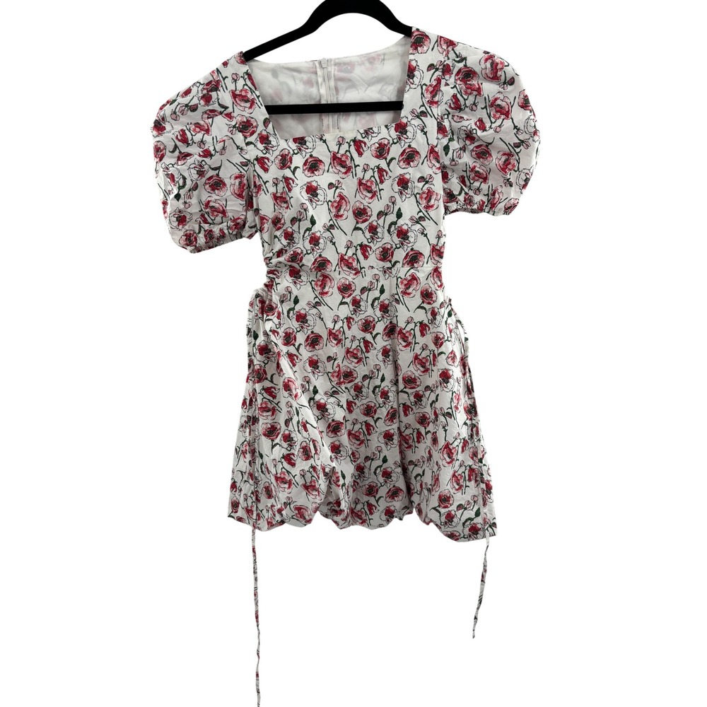 J.ING Floral Puff Sleeve Mini Dress Red White Cut Out Ruched S/M 2202BB1165